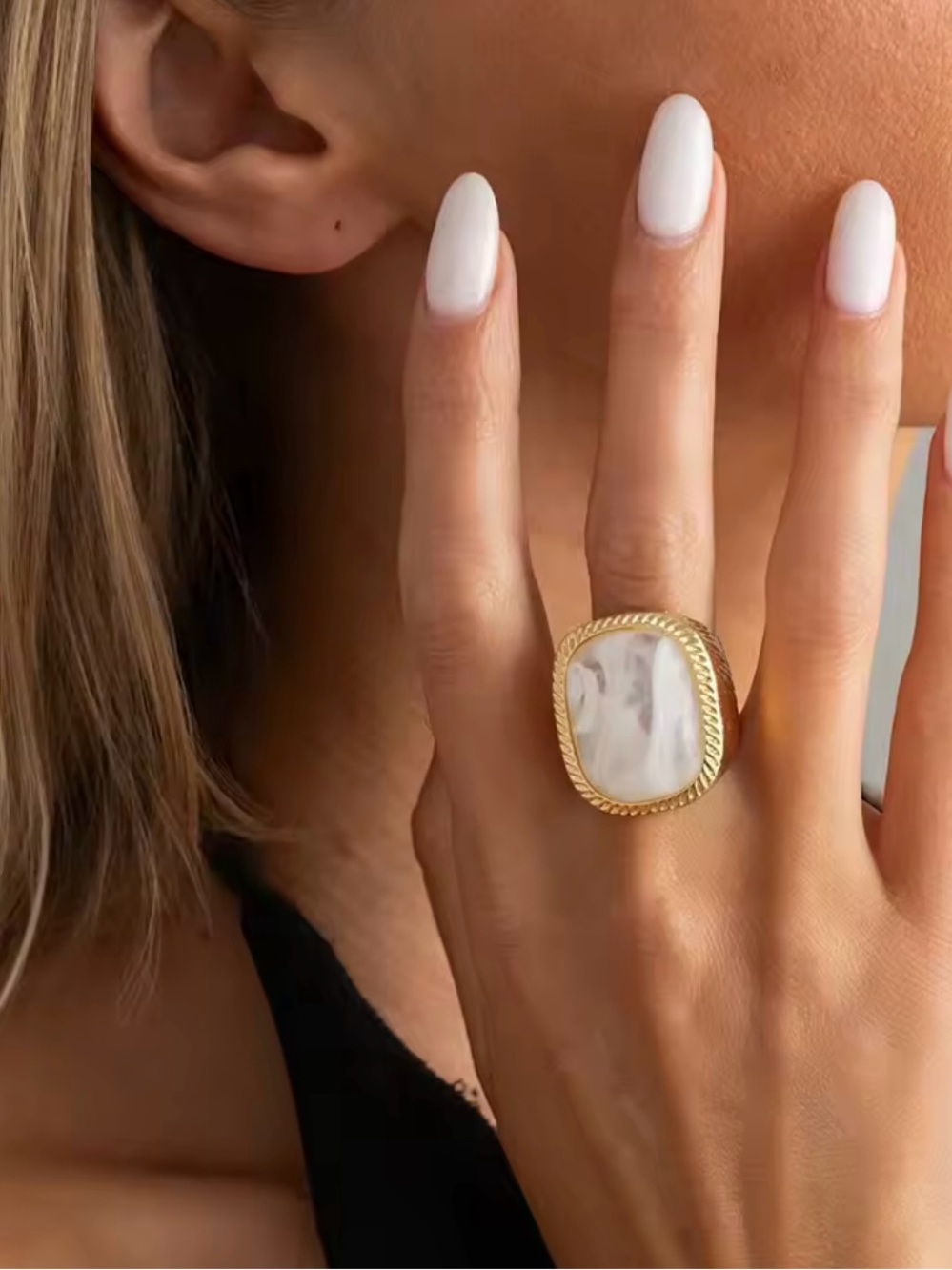 Gold Mother of Pearl Statement Ring • Minimalist Luxury Adjustable Ring
